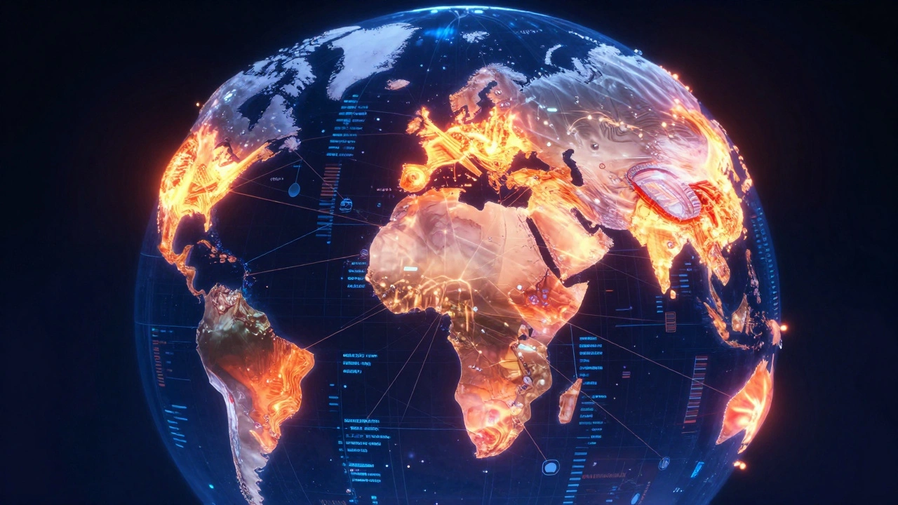 Globe with glowing data streams showing regional traffic spikes