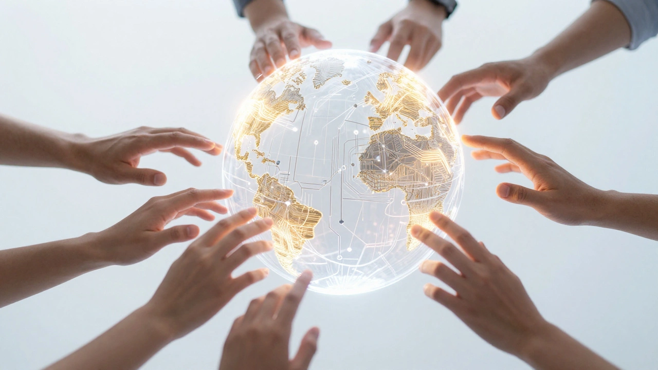 Holographic globe blending human and AI elements for trust