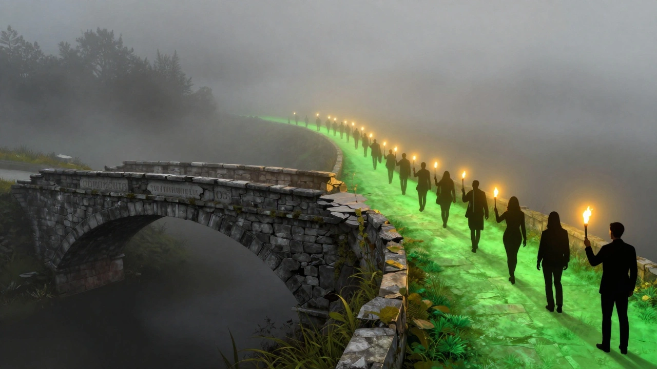 Illustration of two paths: one crumbling, one glowing with hopeful figures