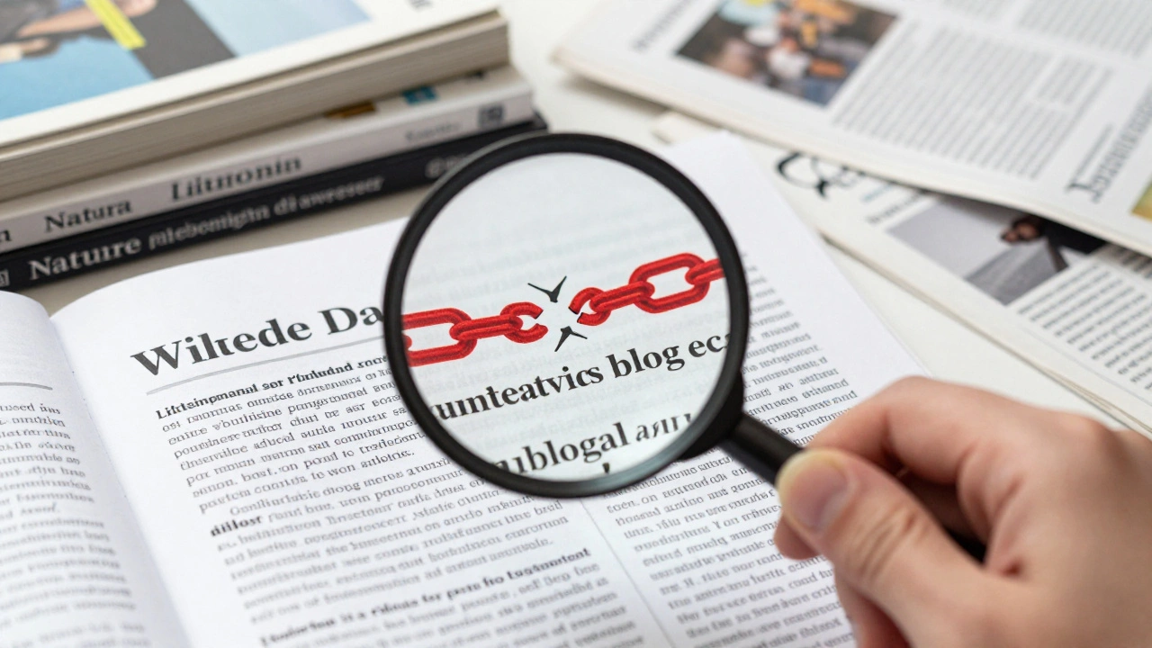 Magnifying glass revealing unreliable sources on a document