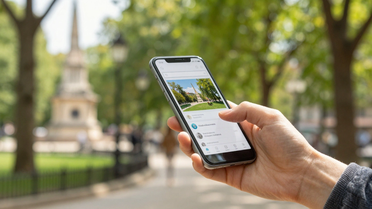 Person using smartphone near historic landmark in a park