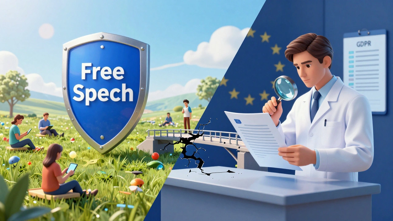 Split image contrasting US free speech shield with EU regulatory oversight