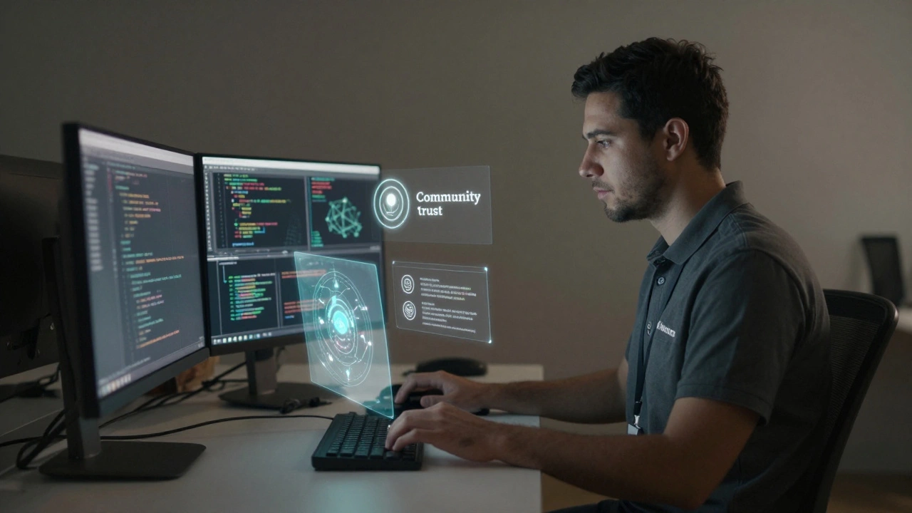 Volunteer steward working at a desk with glowing digital interfaces
