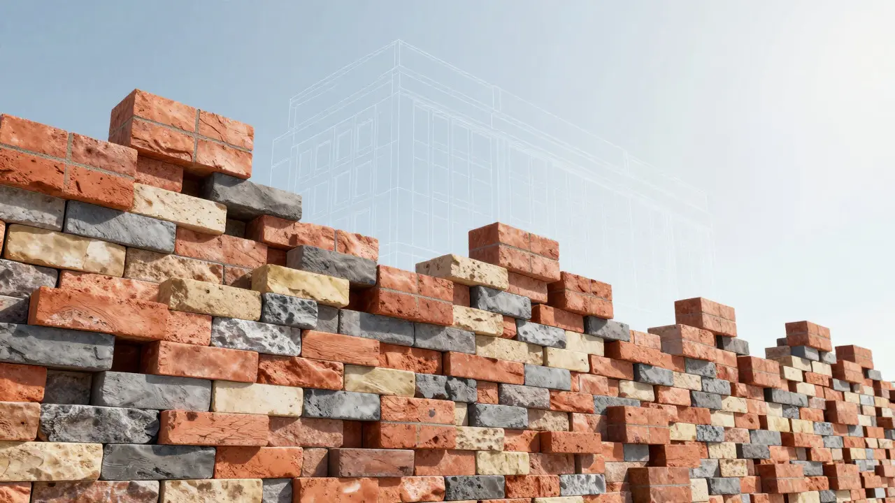 3D render of a brick wall foundation supporting a building outline