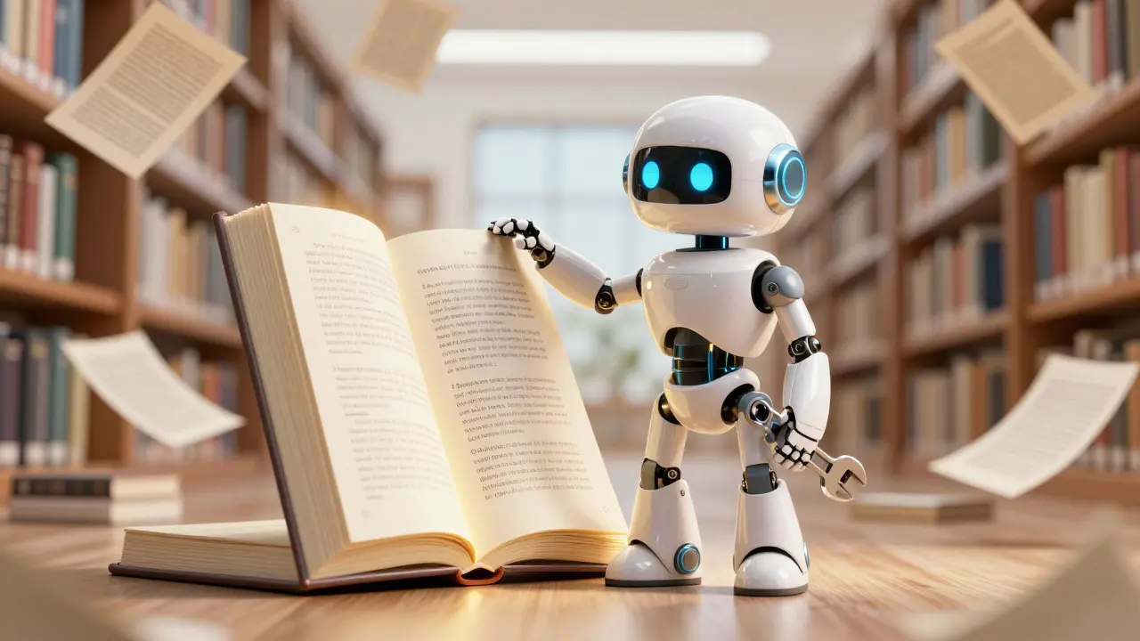 3D render of a friendly robot holding a wrench next to a glowing open book