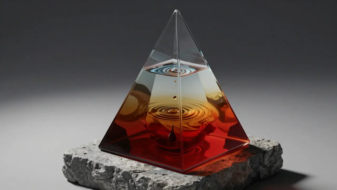 3D render of a glass pyramid with layered liquids representing policy hierarchy