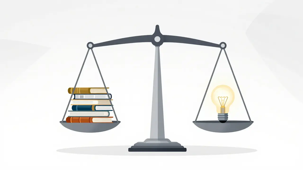 A balanced scale with books on one side and a lightbulb on the other
