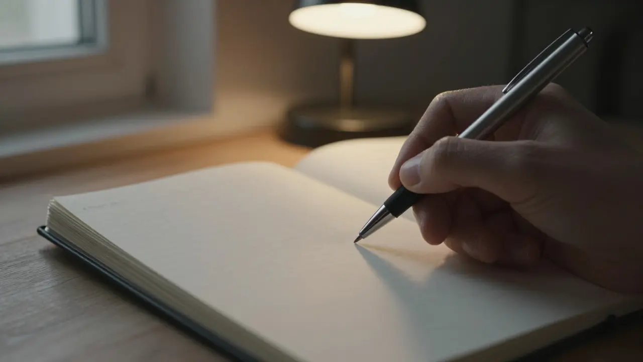 A close-up of a hand holding a pen over a blank notebook under dramatic, warm desk lighting.