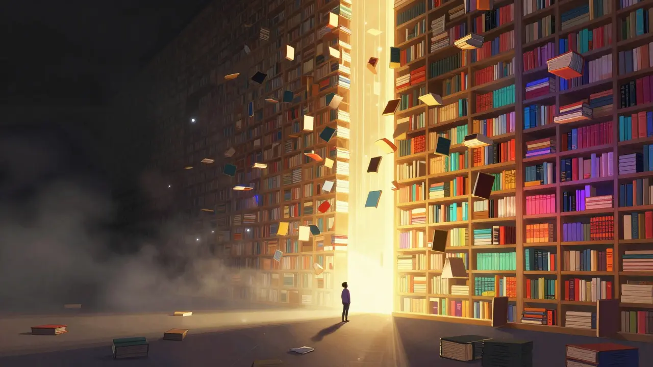 A conceptual art piece showing a digital wall blocking access to a glowing library
