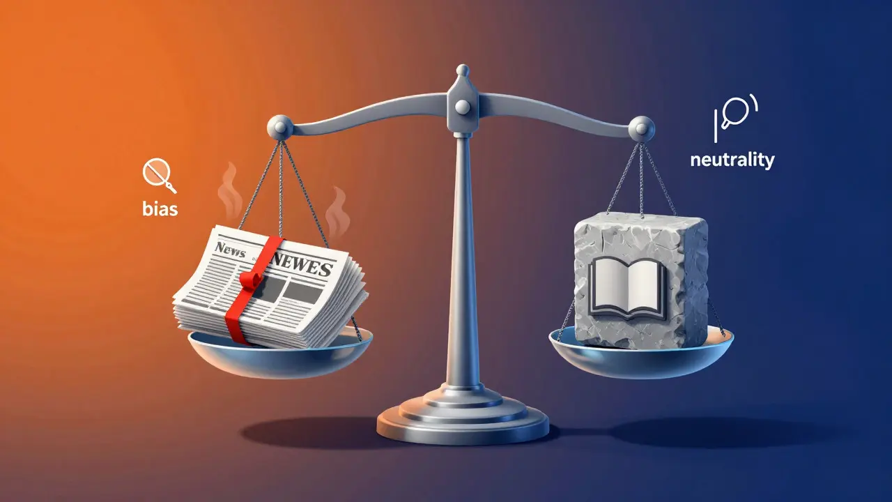 A conceptual balance scale weighing a newspaper against a stone block representing stable data