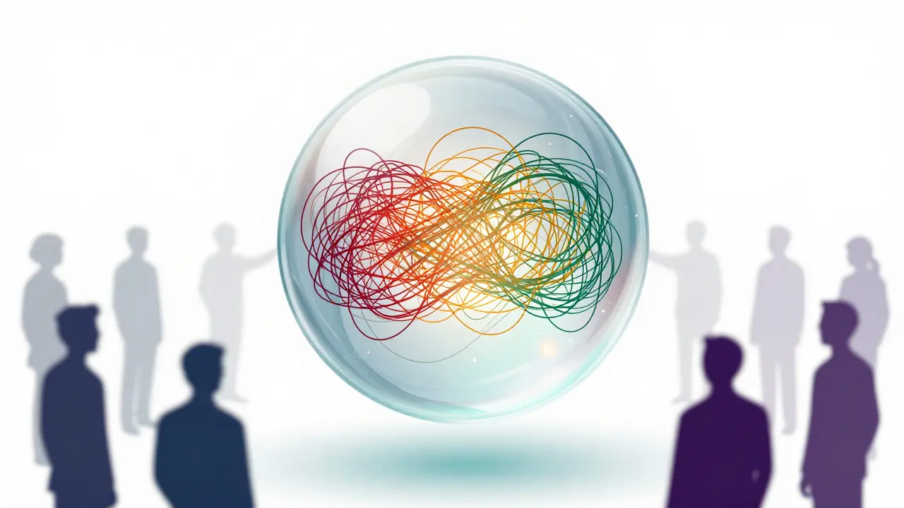 A conceptual glass sphere with swirling light threads representing transparent online community debate.