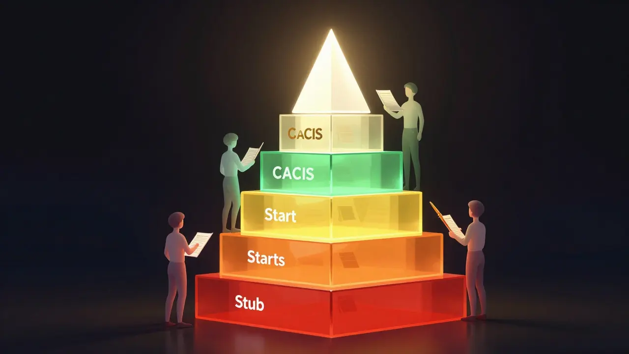 A conceptual glass tower illustrating the hierarchy of article quality classes