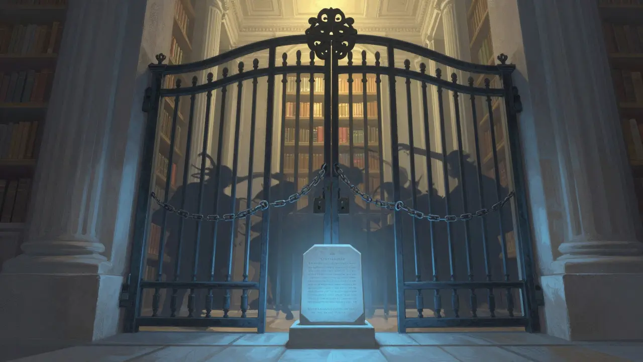 A conceptual illustration of a locked gate blocking chaotic shapes from entering a library