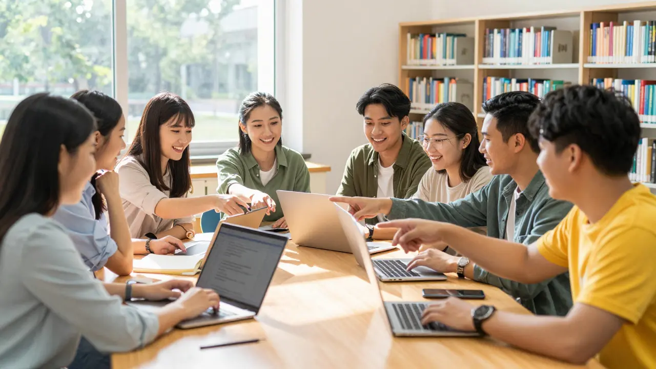 A diverse group of people collaborating happily around a table in a sunlit library