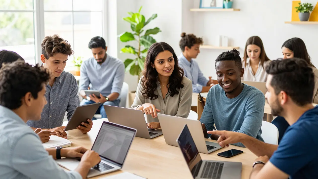 A diverse group of people collaborating in a bright modern workspace, showing global participation