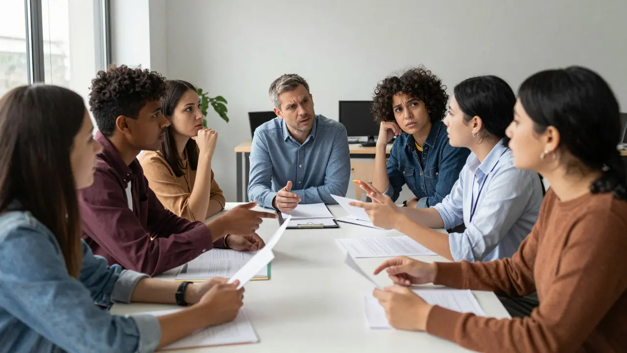 A diverse group of people debating intensely around a table in a bright, modern workspace.