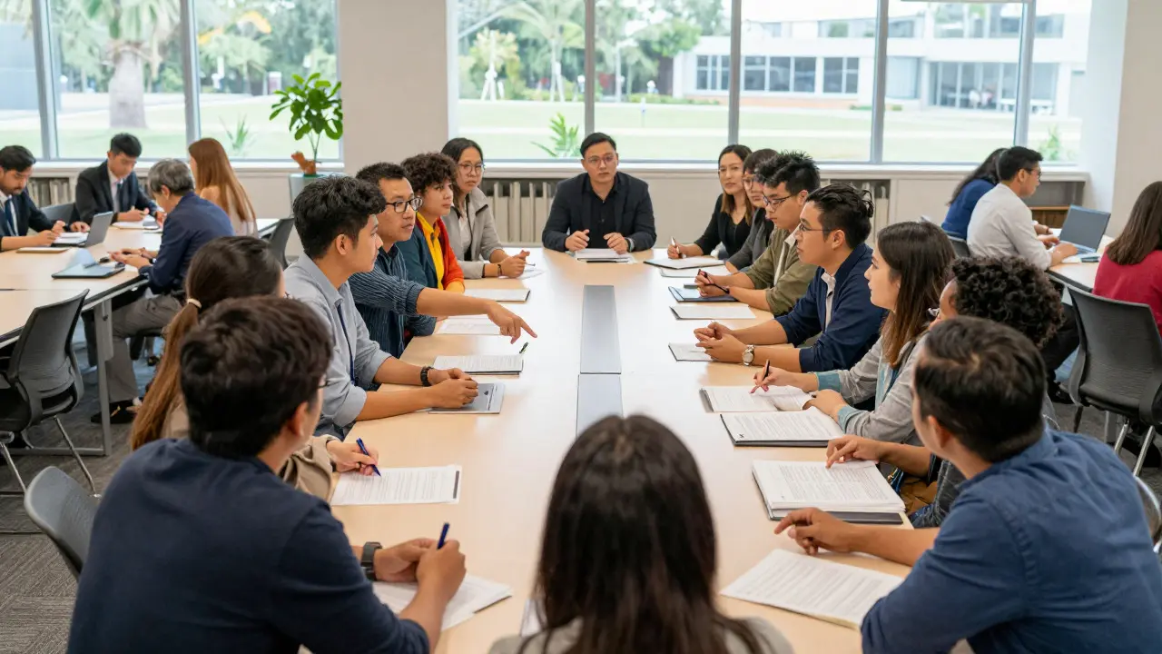 A diverse group of people discussing articles around a table in a bright community space