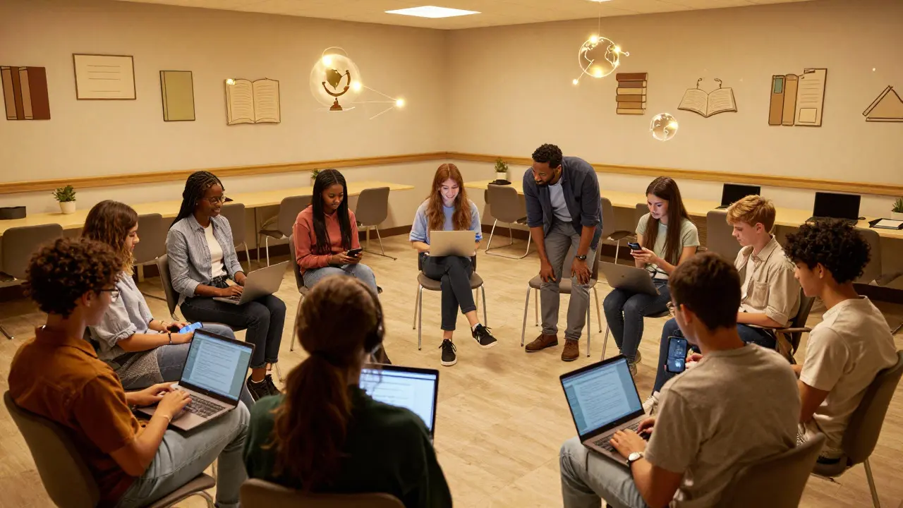 A diverse group of students and mentors in a cozy community room discussing edits