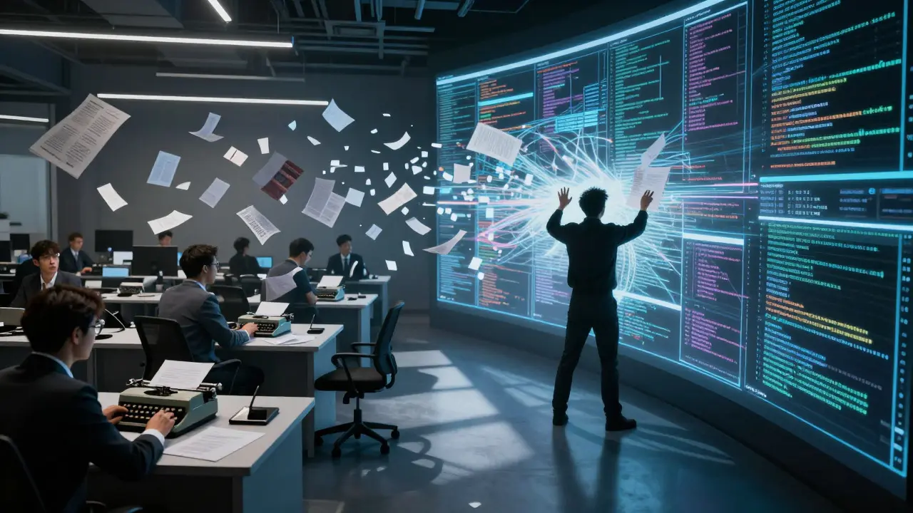 A dramatic scene of journalists dissolving into digital data streams in a chaotic newsroom