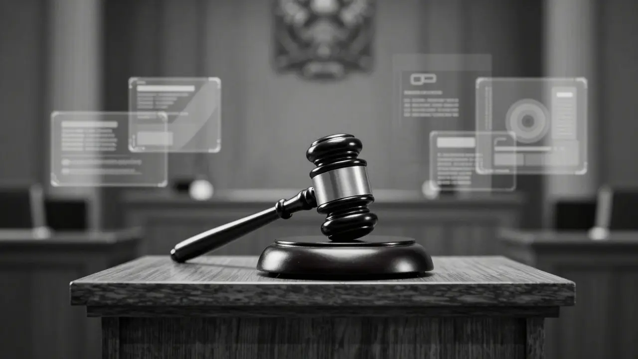 A gavel on a podium against an abstract digital background symbolizing authoritative arbitration decisions