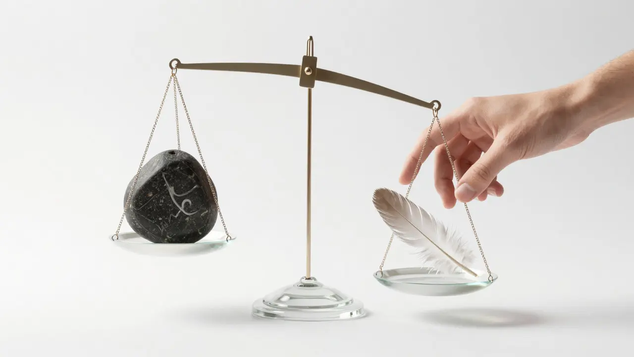 A glass balance scale weighing a heavy stone against a small feather