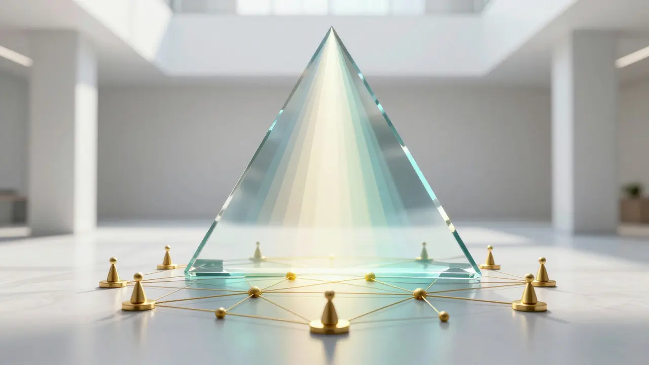 A glass prism splitting light beams over a network of connected nodes in a bright hall