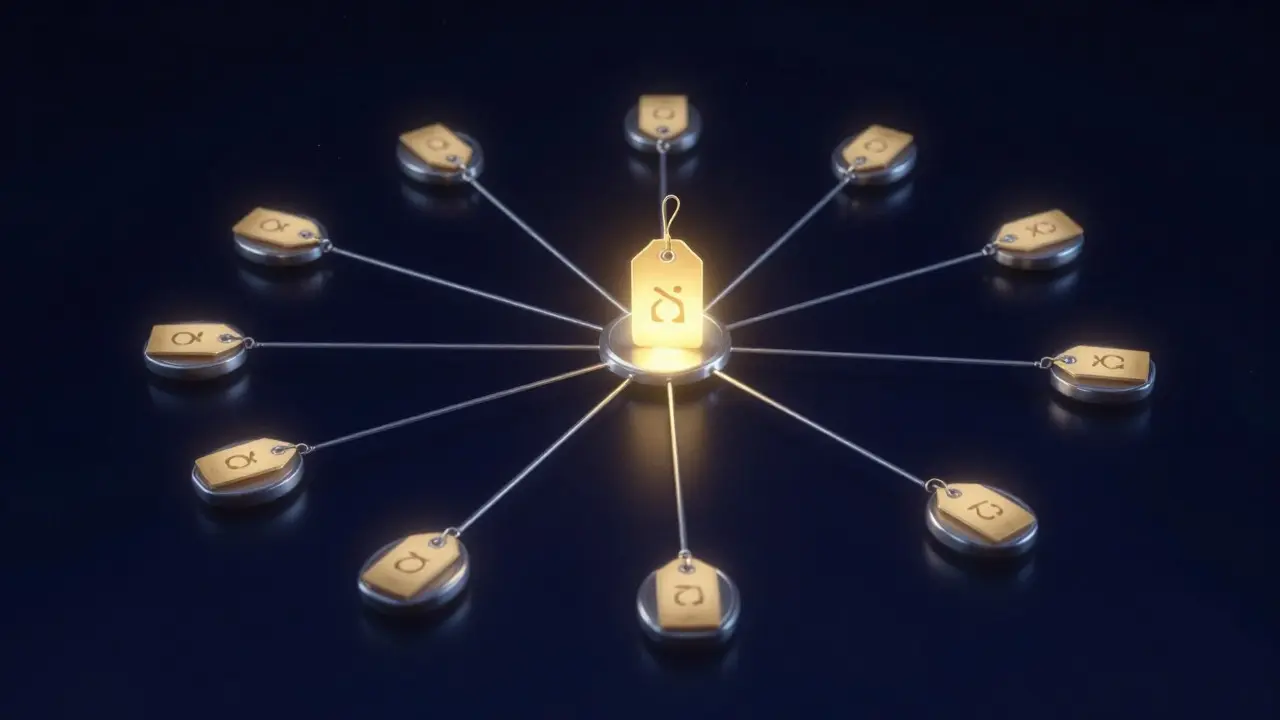 A glowing central node connected to multiple satellites illustrating named reference variables