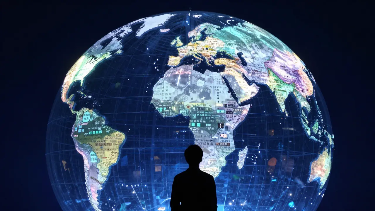 A glowing globe made of glass panels representing global information flow