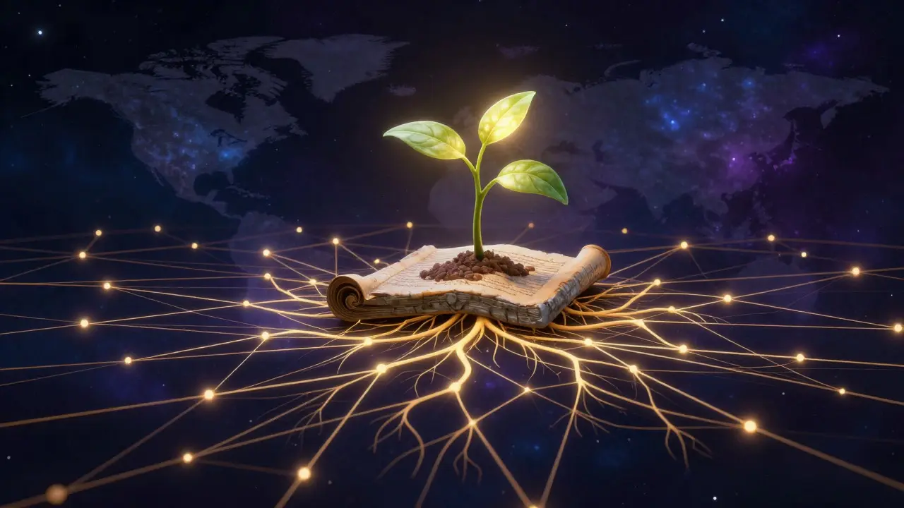 A glowing seedling connected to a global network of golden threads