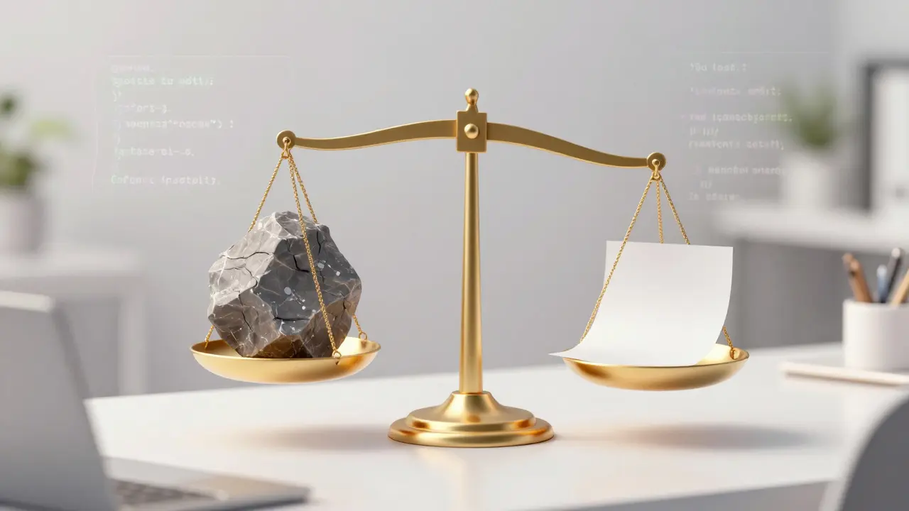 A golden scale balancing a rough rock and a smooth paper sheet surrounded by floating code