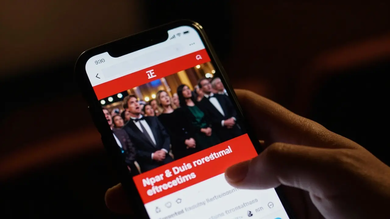 A hand holding a phone showing a red correction banner in a dark theater during an awards show.
