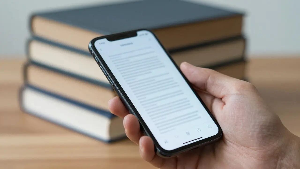 A hand holding a smartphone with a blurred encyclopedia interface next to old printed encyclopedias