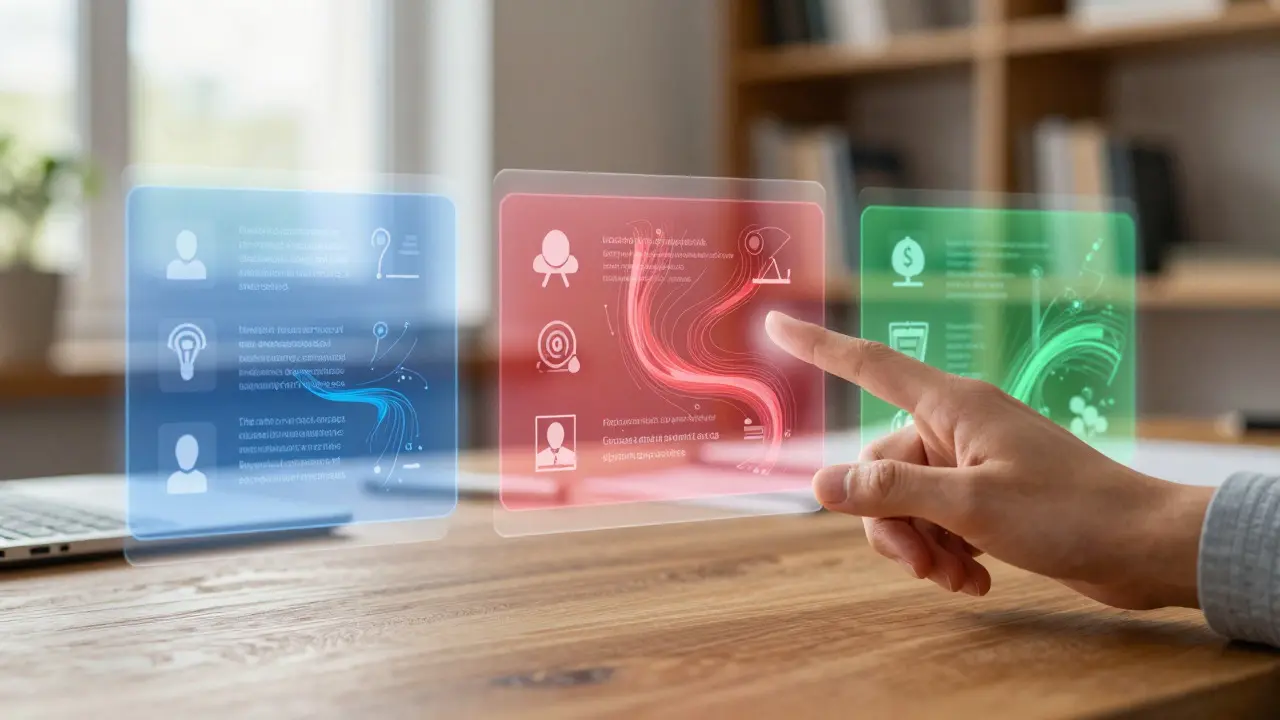 A hand interacting with a holographic interface displaying three different data perspectives side-by-side