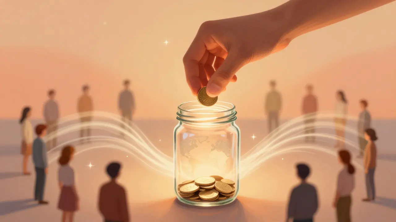 A hand placing a glowing coin into a jar, symbolizing global donations