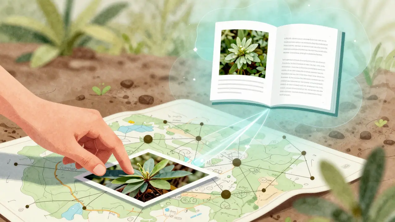A hand placing a nature photo onto a map that connects to a digital encyclopedia