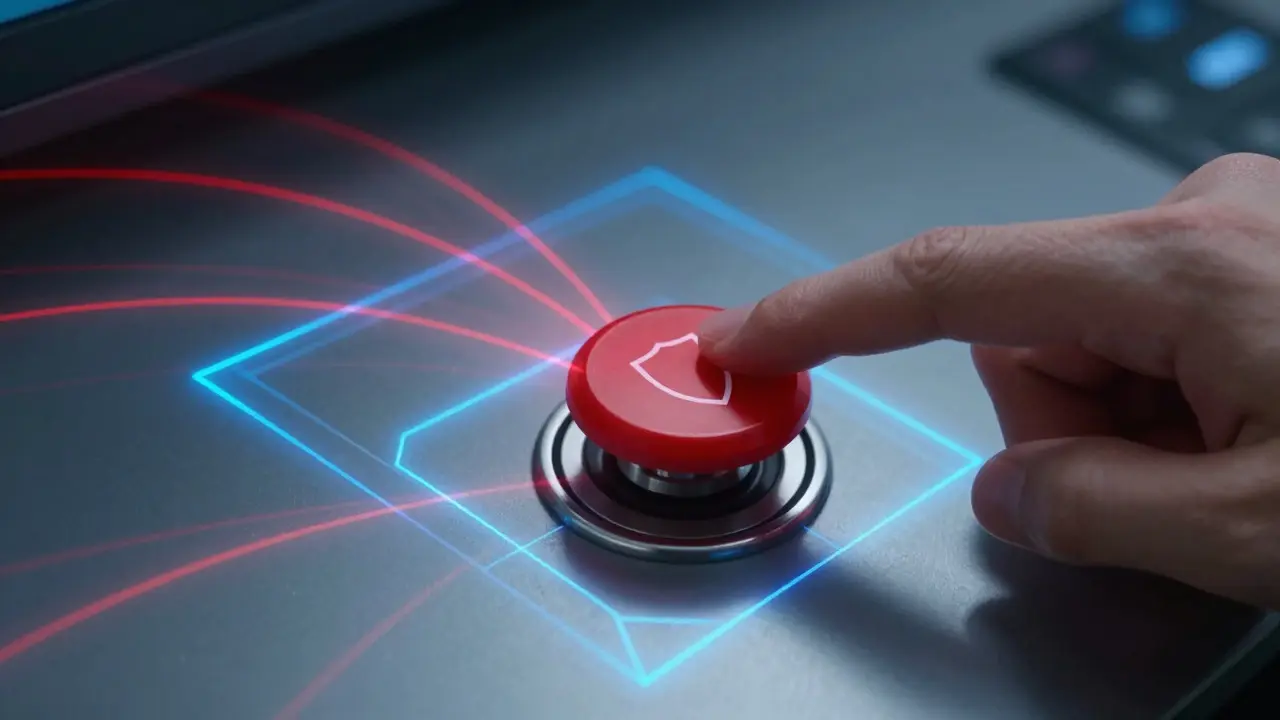A hand pressing a red shield-icon button on a console containing swirling holographic lines