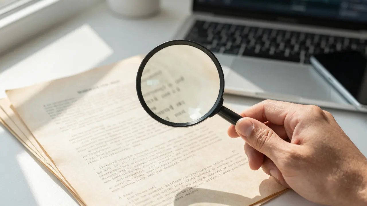 A hand uses a magnifying glass to inspect old documents next to a modern laptop.