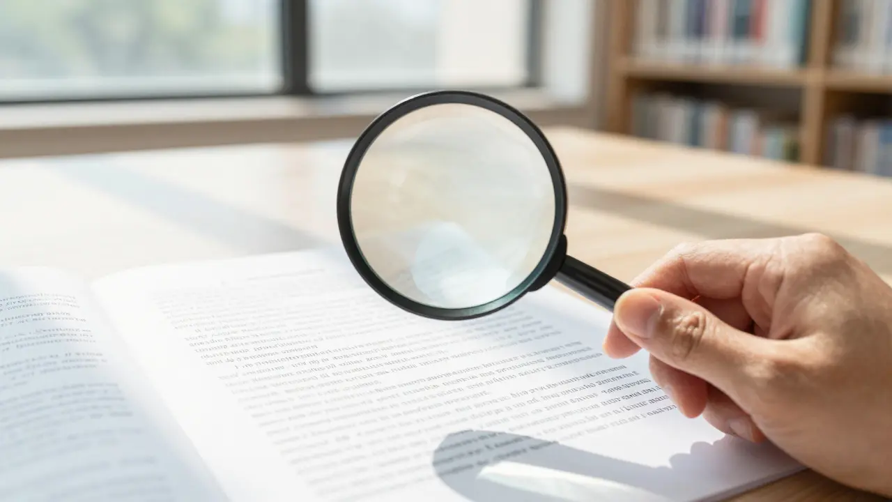 A hand using a magnifying glass to inspect the fine details of a printed document in a library.