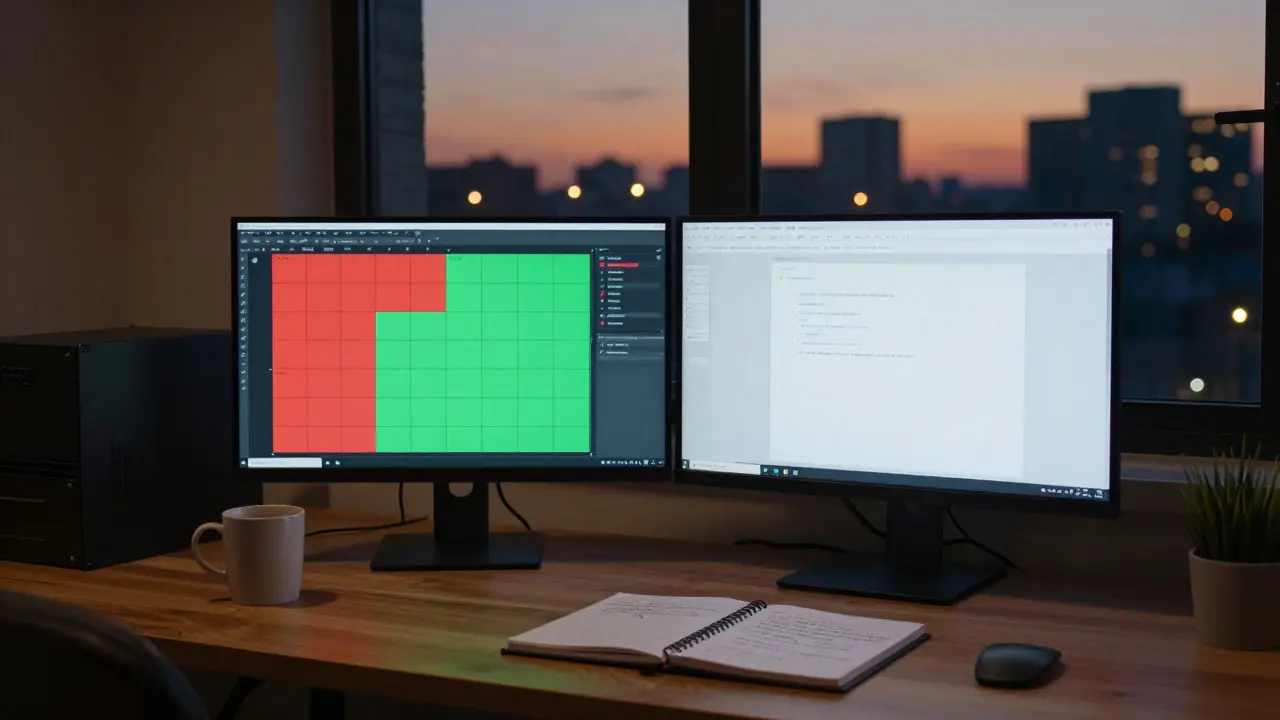 A home office desk with dual monitors and a notebook, set against a city view at dusk
