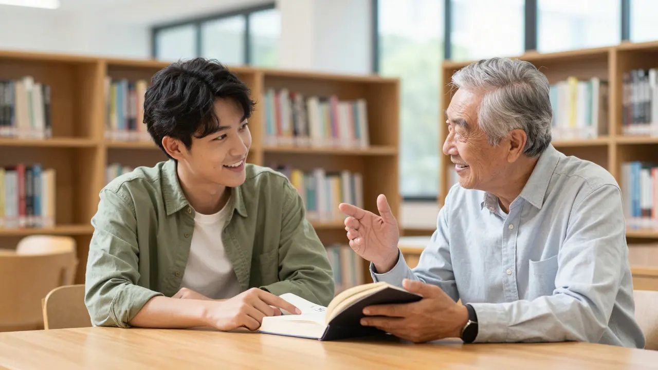 A librarian and professor having a friendly mentoring conversation in a library