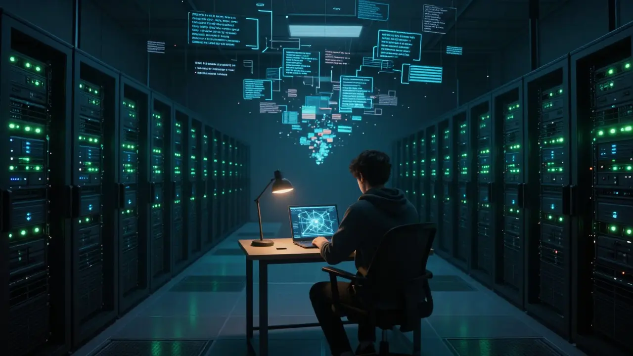 A lone editor working in a dark server room surrounded by floating abstract data fragments and glowing screens
