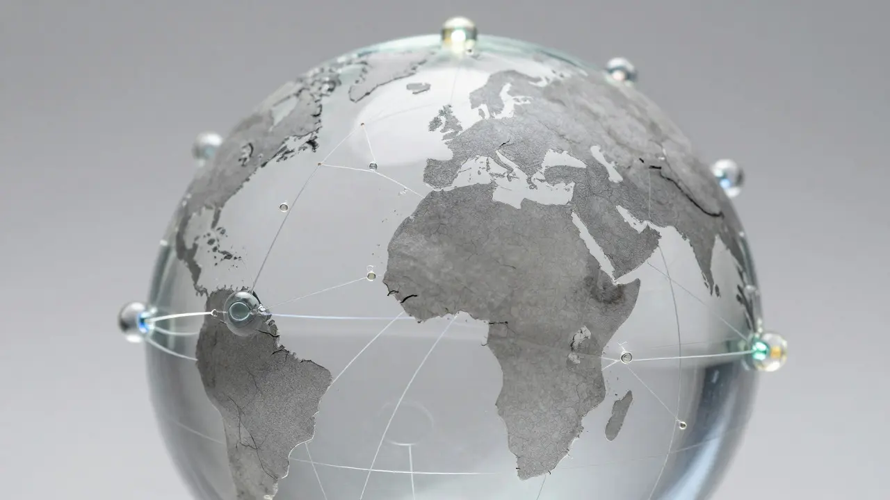 A macro shot of a glass globe with some sections cracked and others glowing