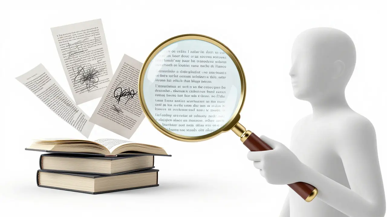 A magnifying glass examining layered documents, symbolizing the verification of facts