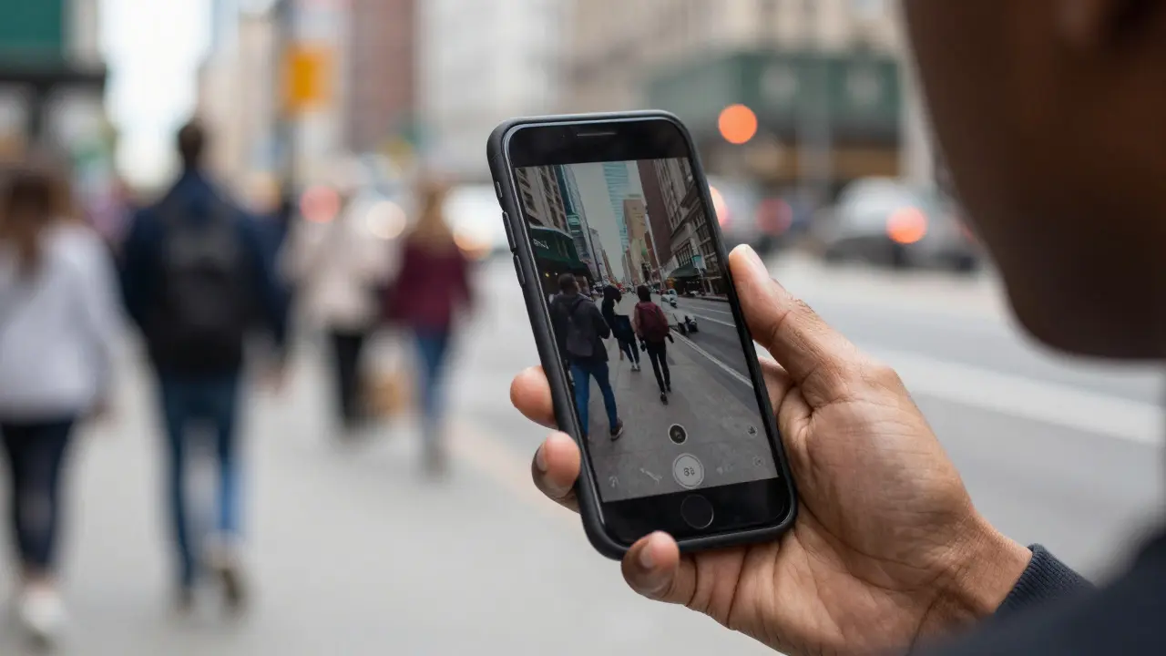A person holding a smartphone on a busy city street, illustrating anonymous online contribution.