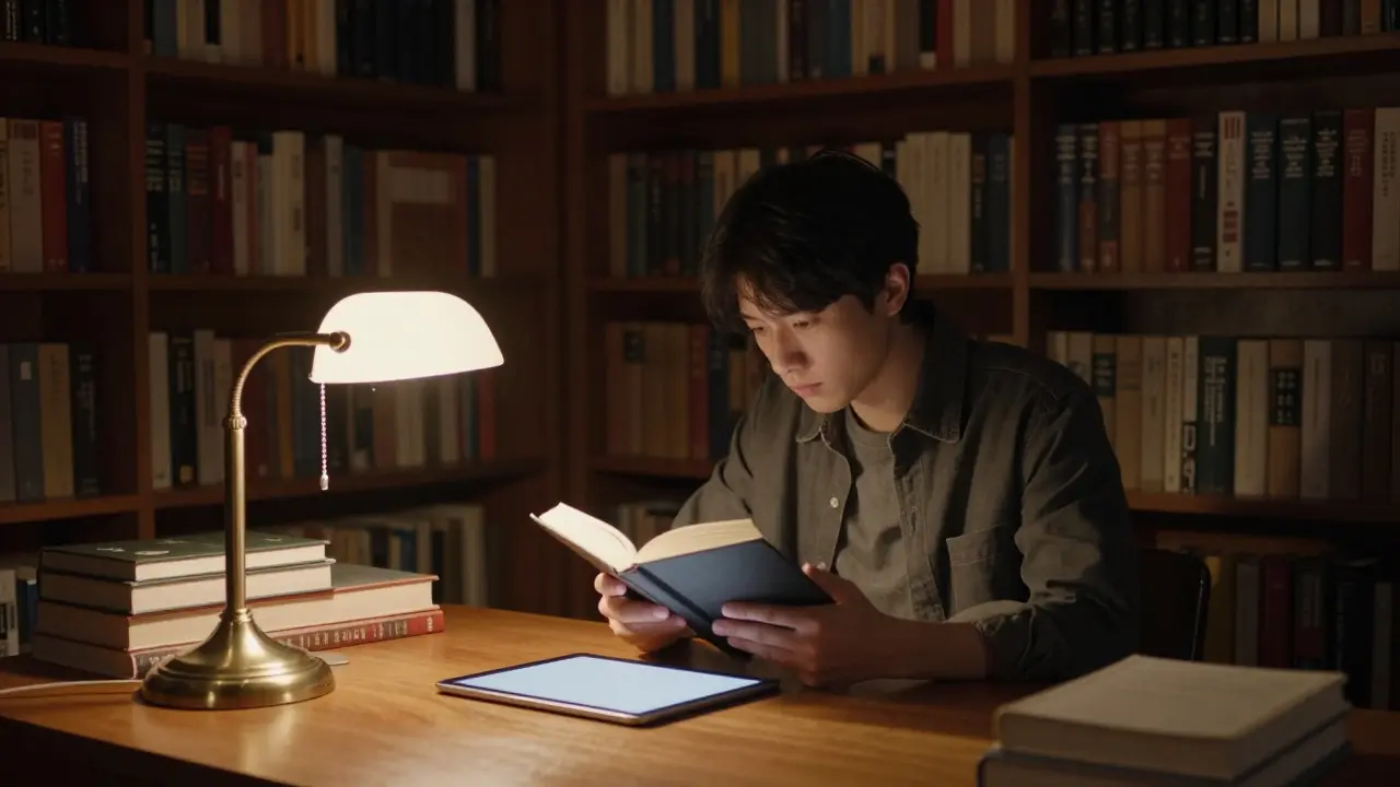 A person in a library comparing a physical book with a tablet device