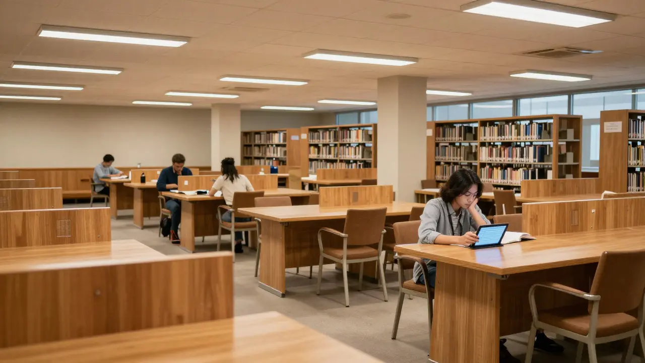 A person using a tablet in a quiet, warmly lit public library reading room