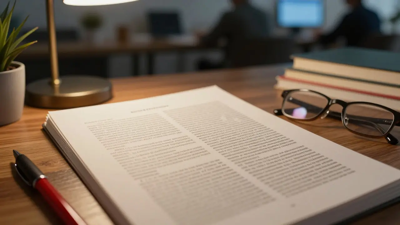 A pristine encyclopedia page on a desk surrounded by tools used by a collaborative writing team