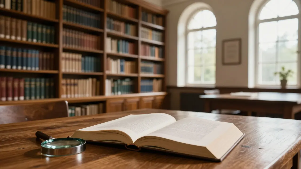 A quiet, sunlit library archive with an open book and magnifying glass on a table