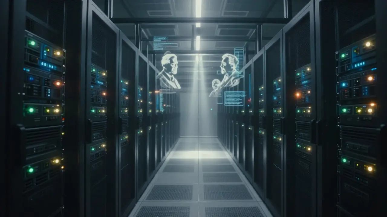A row of server racks in a dark room with blinking lights and faint holographic figures floating inside