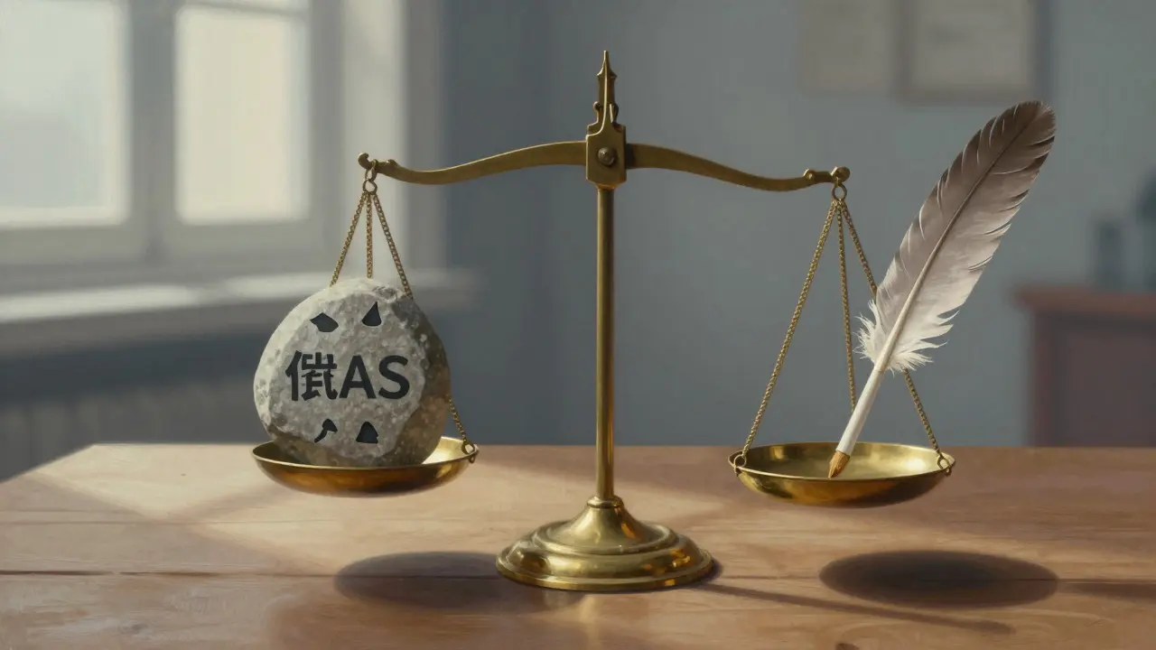 A scale balancing a stone against a quill pen to represent neutrality